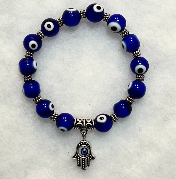Glass Beads Elastic Bracelet Cobalt Blue w/ Evil Eye Fatima Hand