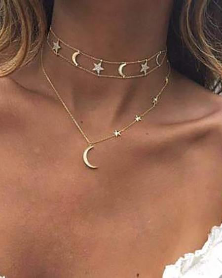 Tiered Stars Moon Pendant Necklace