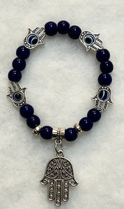 Glass Beads Elastic Bracelet Evil Eye Protection Cobalt Blue w/ Fatima Hand