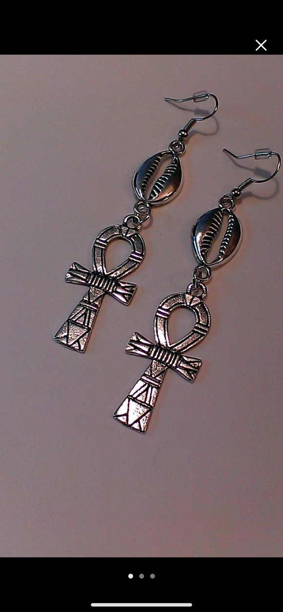 Silver Ankh and Cowrie Shell Earrings, dangle, Egyptian charms, long earrings, women's, afrocentric earrings, ethnic earrings, inexpensive