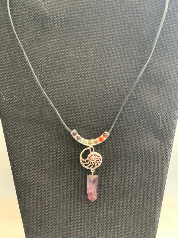 Metal Spiral Shell Necklace w/ Chakra Stones & Amethyst Point